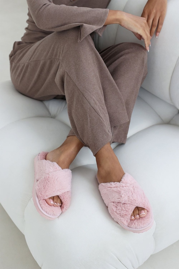 Where's That From 'Denise' Faux Fur Fluffy Crossover Slippers