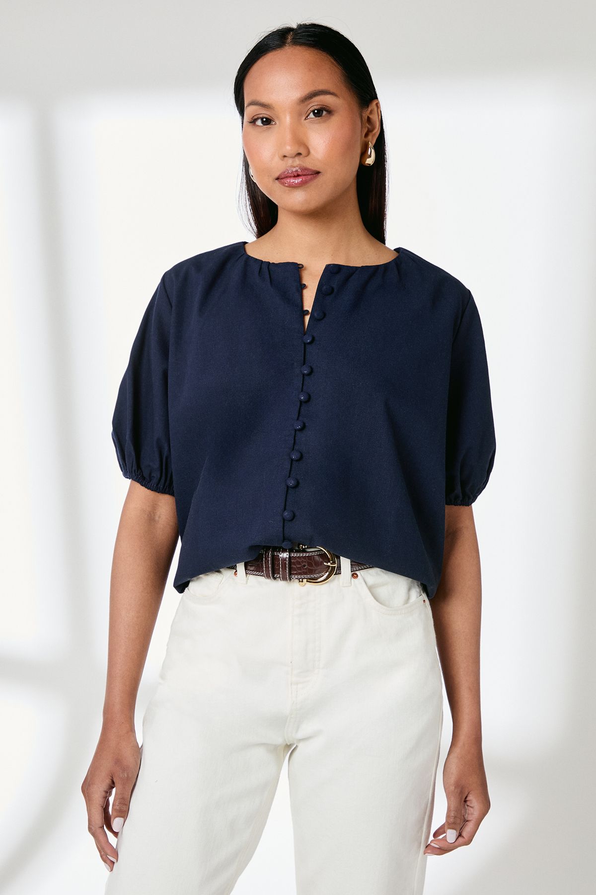 Principles Puff Sleeve Button Front Linen Shirt Navy image 1