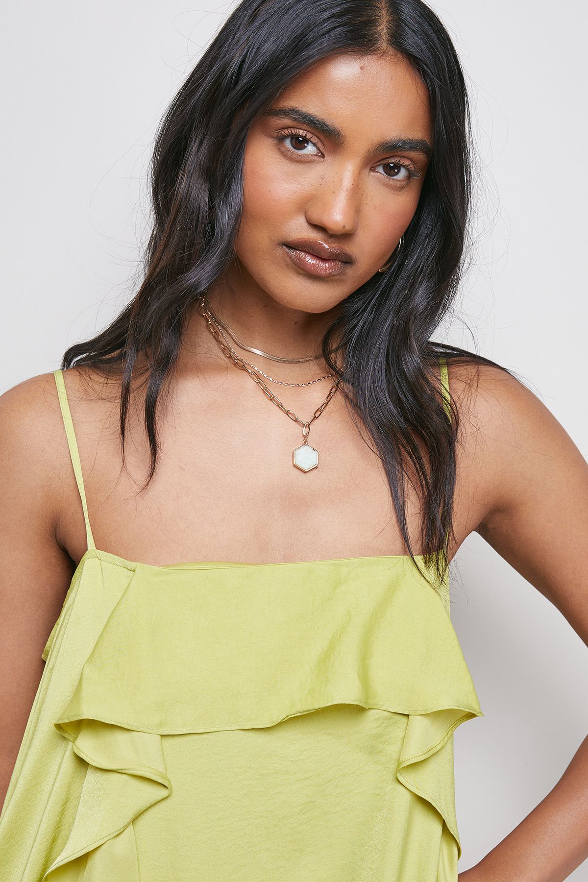 Warehouse Satin Strappy Ruffle Midi Dress Chartreuse image 5