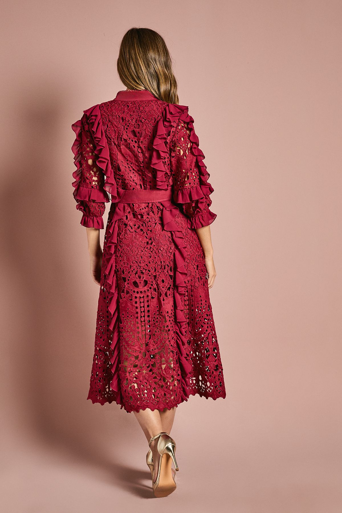 Coast Lace Ruffle Shirt Dress With Tie Burgundy image 3