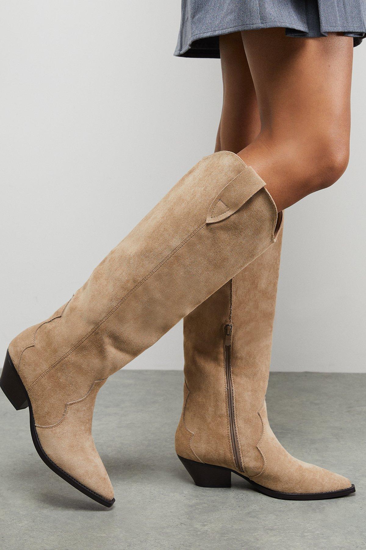 Oasis Faith: Cali Faux Suede Low Heel Western Knee Boots Beige image 1