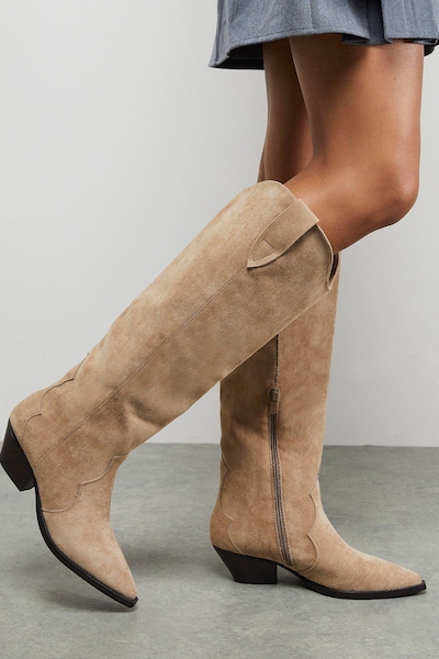 Oasis Faith: Cali Faux Suede Low Heel Western Knee Boots Beige