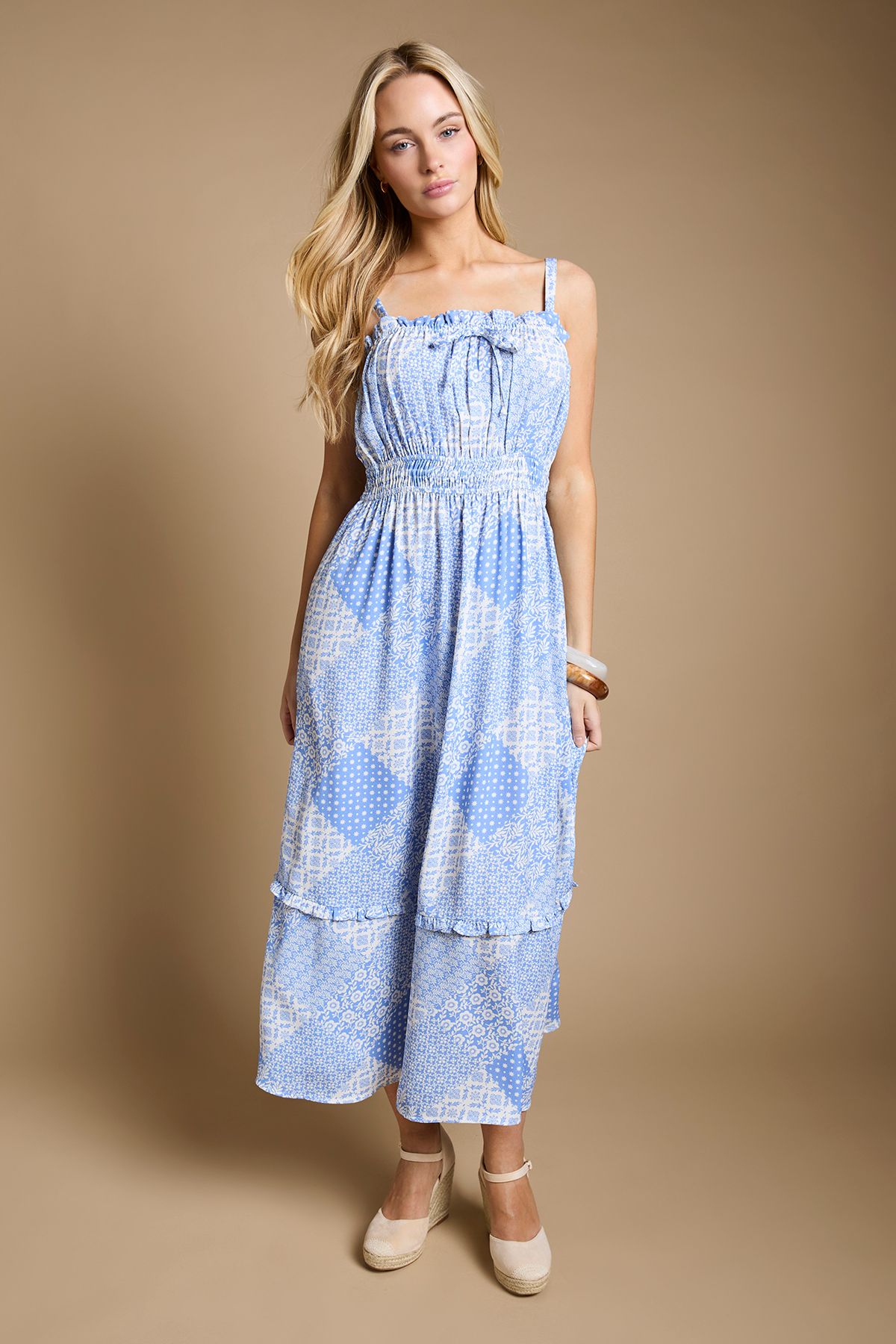 Dorothy Perkins Tie Frill Detail Strappy Tiered Hem Printed Maxi Dress Blue