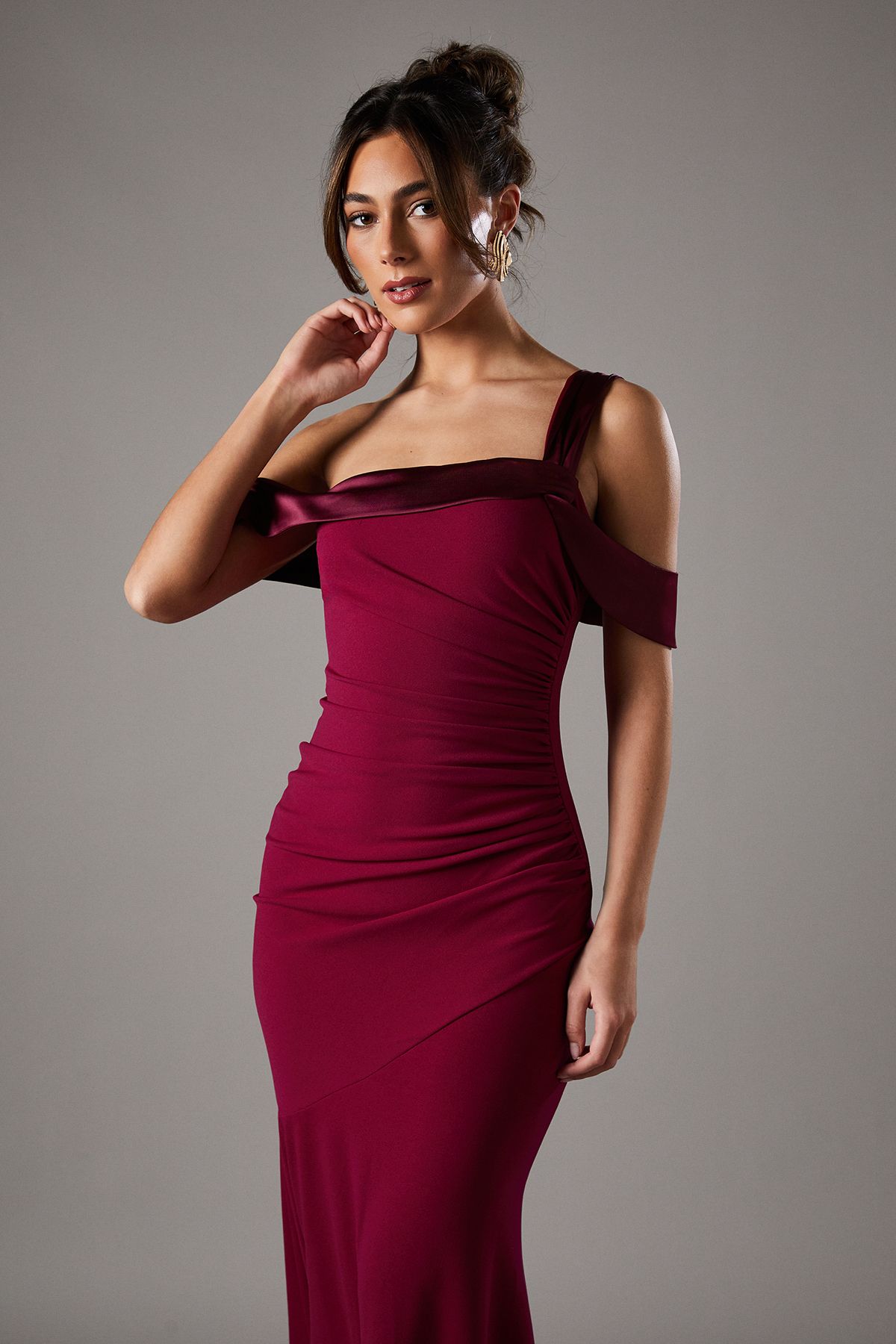 Coast Bardot Maxi Dress With Satin Trim Wine image 2