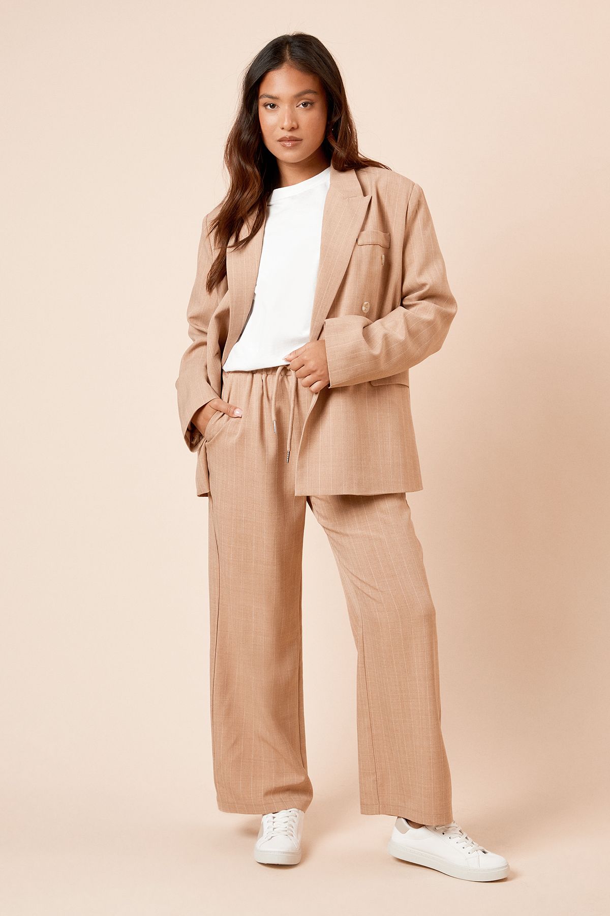 Dorothy Perkins Petite Elasticated Waist Wide Leg Stripe Trouser Camel image 1