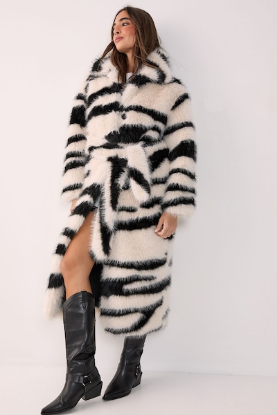 NastyGal Zebra Print Faux Fur Collared Longline Coat Mono