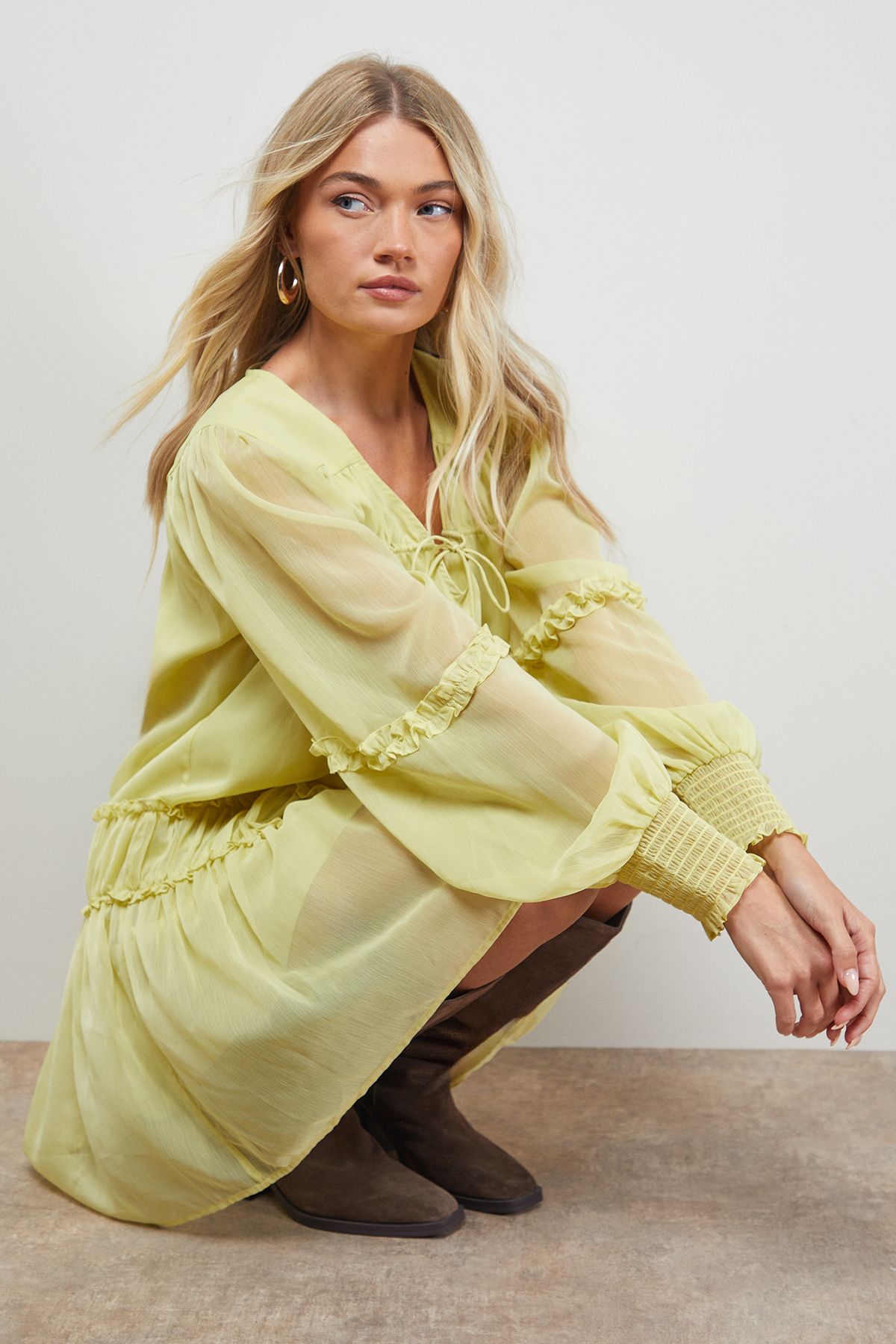 Oasis Plain Chiffon Shirred Front Tie Neck Mini Dress Olive image 4