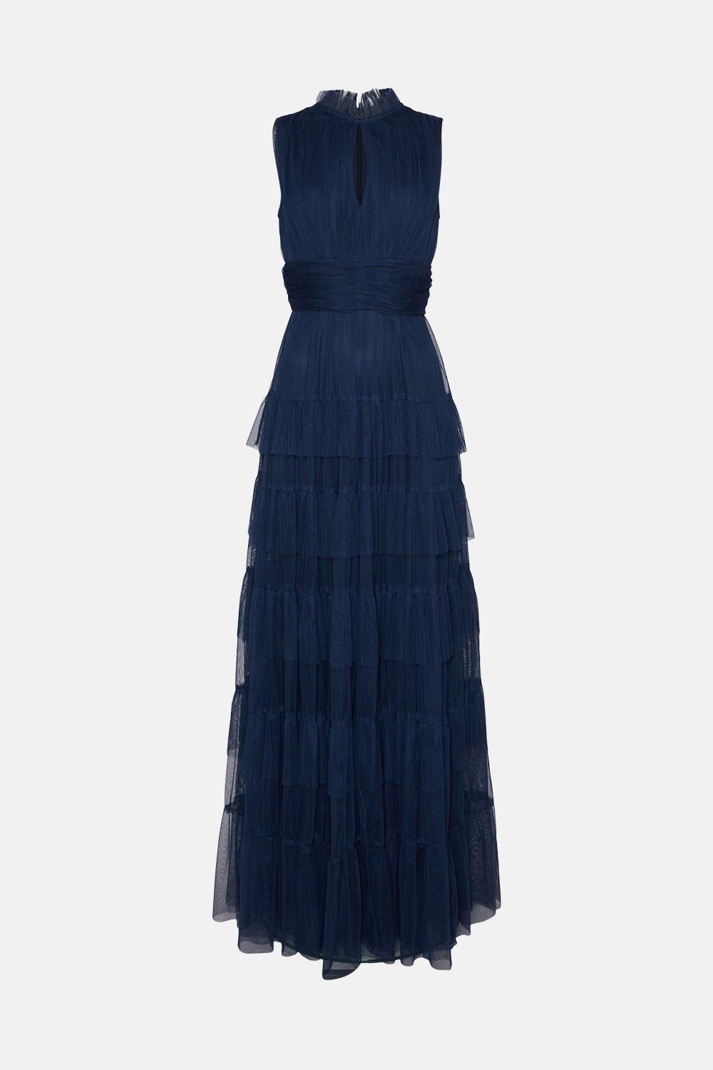 Coast Petite Tulle Tiered Frill Sleeve Bridesmaids Maxi Dress Navy image 4