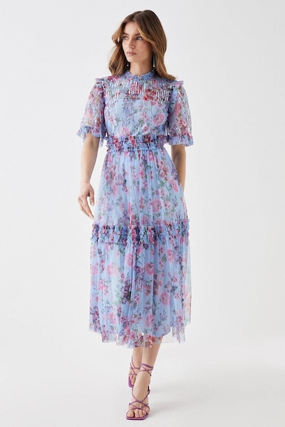Coast Sequin Angel Sleeve Printed Mesh Midi Dress Blue