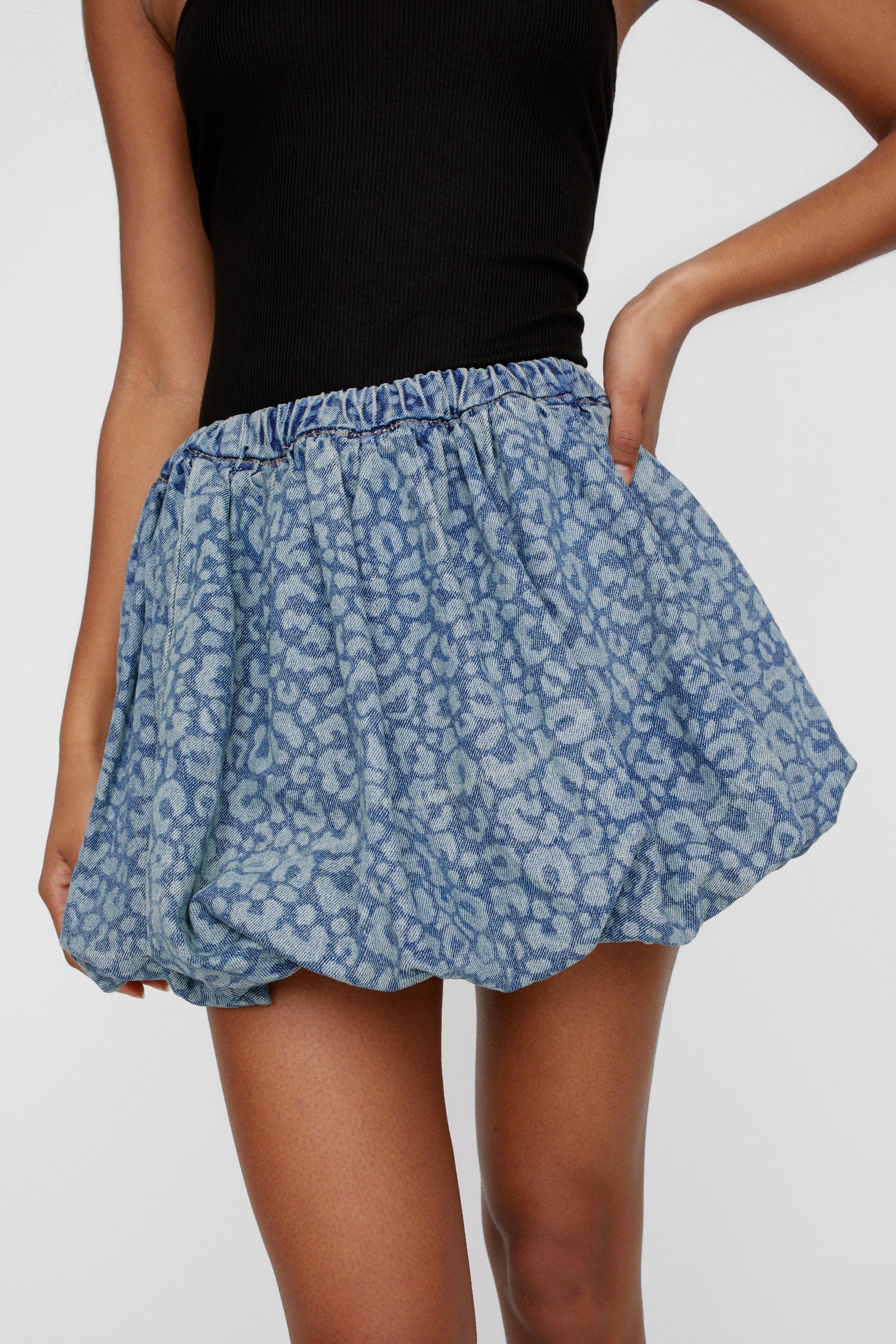 NastyGal Washed Leopard Denim Skirt Washed Blue
