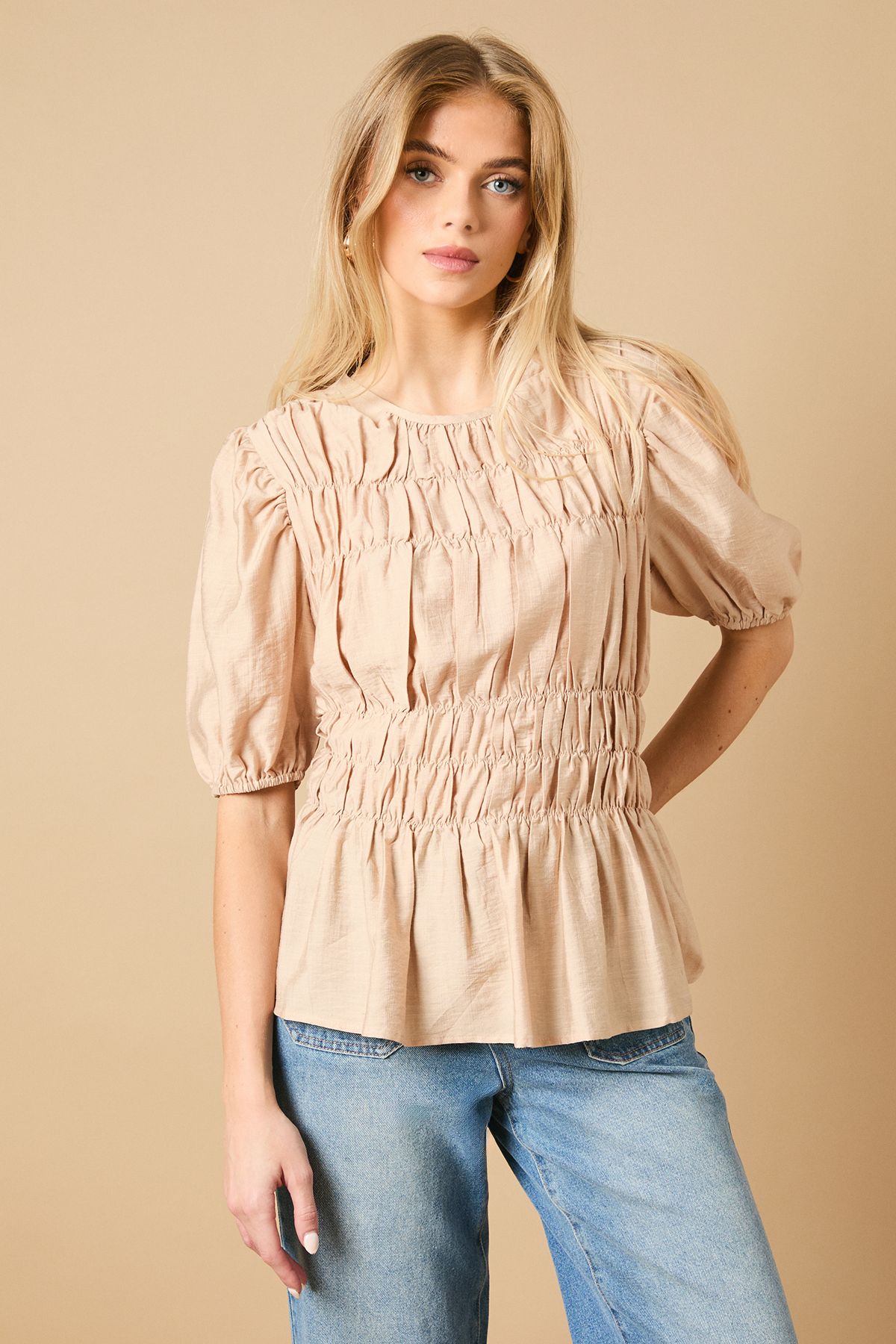 Oasis Shirred Bodice Puff Sleeve Top Stone image 2