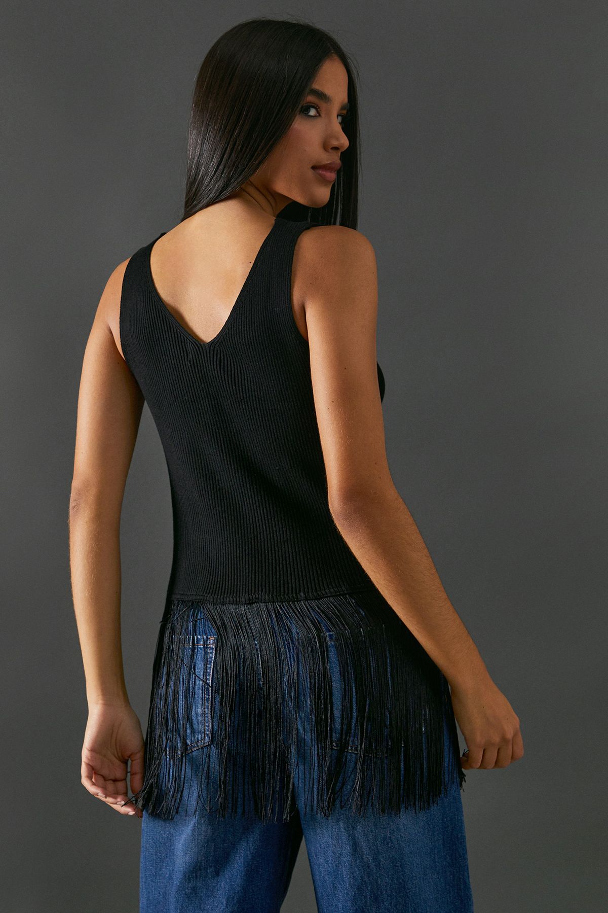 Warehouse Sleeveless Fringed Vest Black image 3