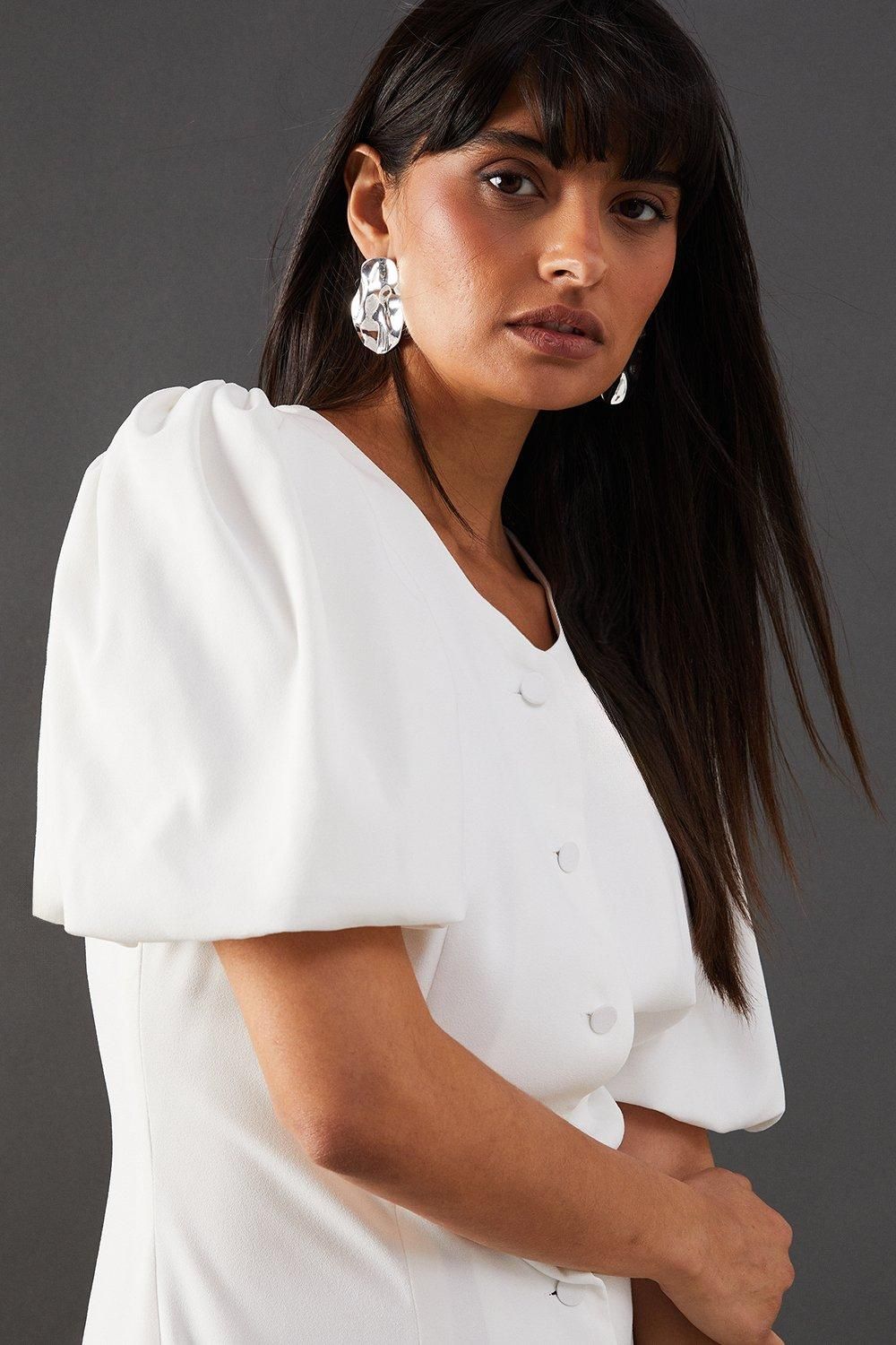 Warehouse Puff Sleeve Mini Tailored Dress Ivory image 2