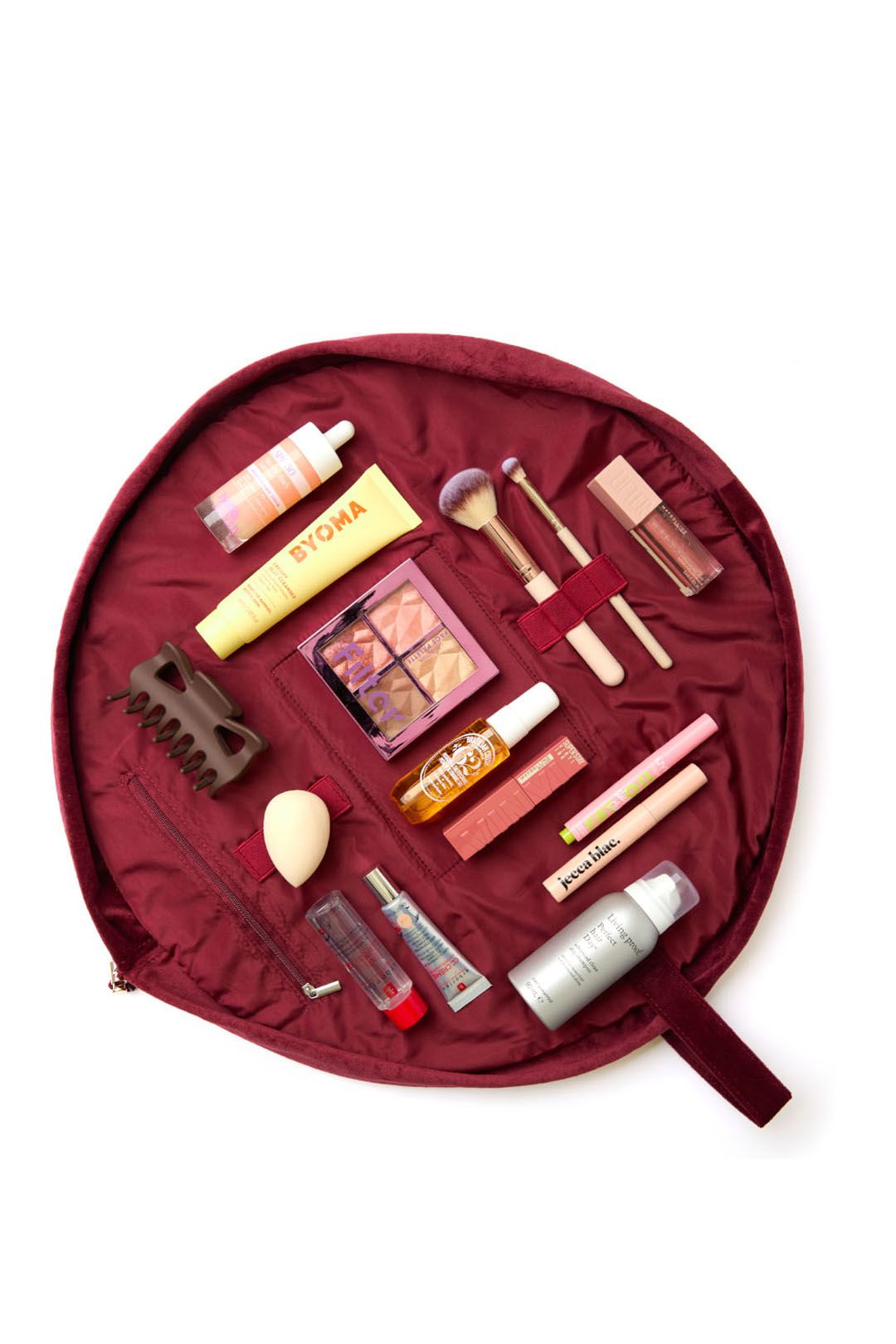 The Flat Lay Co Drawstring Makeup Bag - Ditsy Roses & Flowers Burgundy Embroidered Velvet Multi image 7