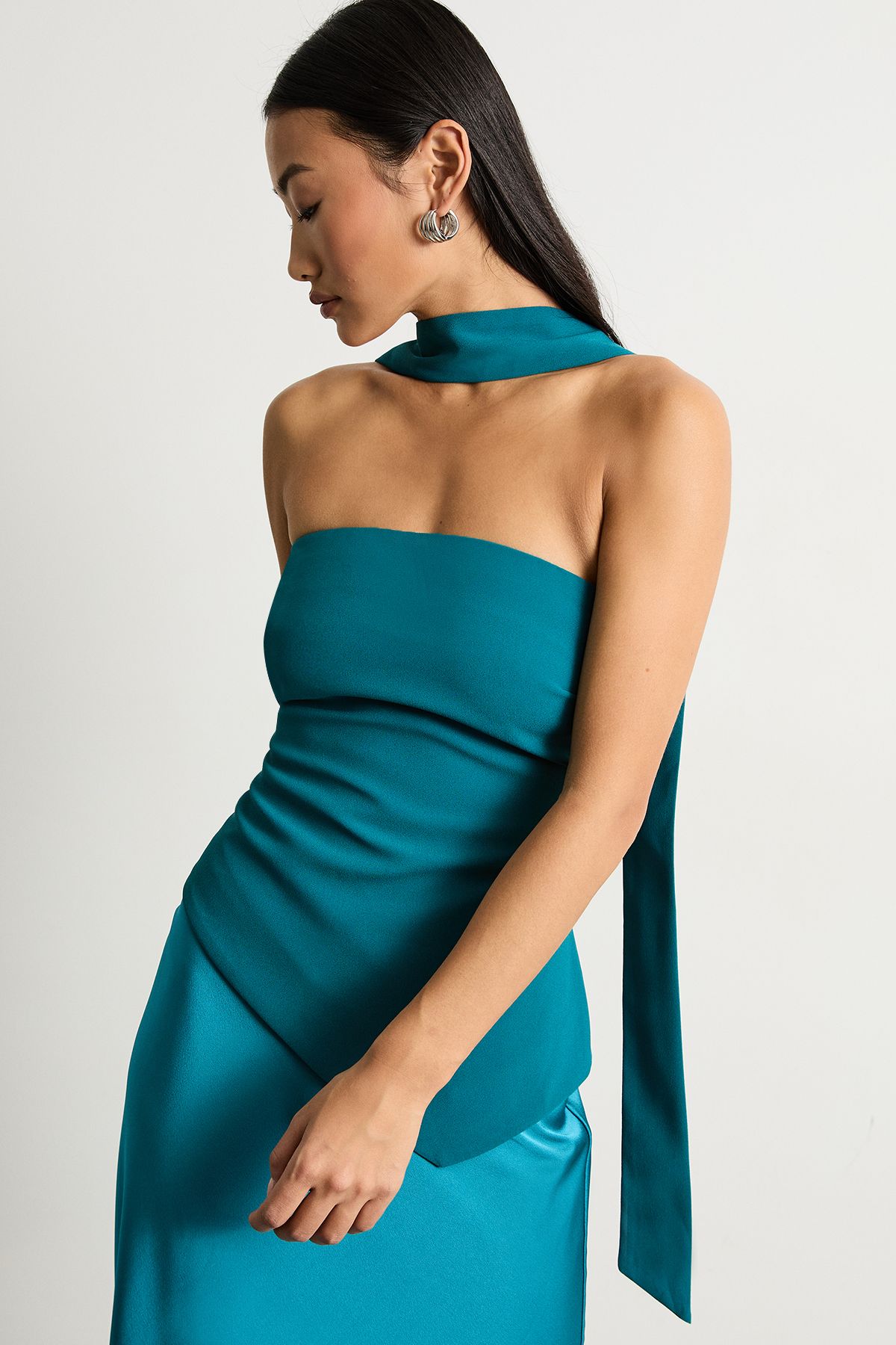Warehouse Petite Strapless Structured Bodice Satin Midi Dress Teal image 2
