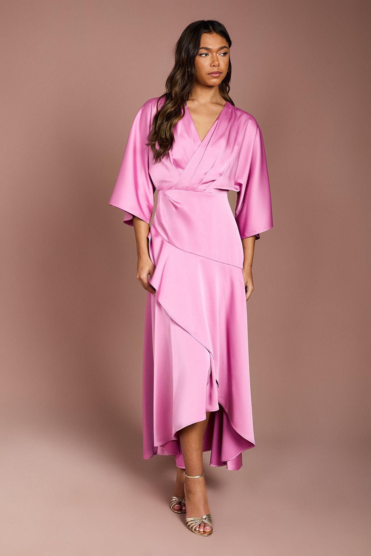 Coast Satin Back Crepe Ruffle Wrap Midi Dress Pink