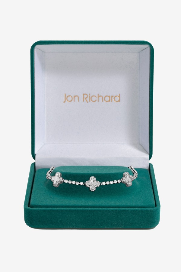 Jon Richard Rhodium Plated and Diamond Station Clover Bracelet - Gift Box