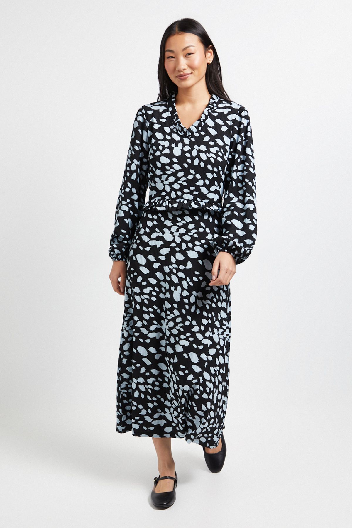 Dorothy Perkins Petite Animal Frill Scoop Neck Blouson Sleeve Jersey Midi Dress Animal