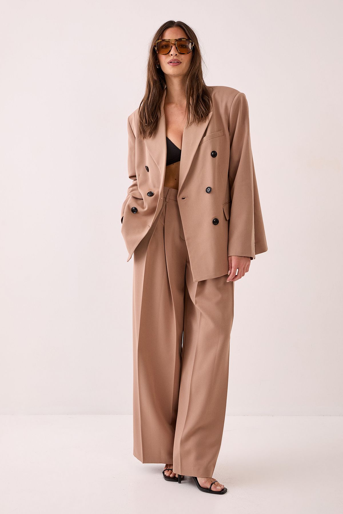 NastyGal Tailored Double Breasted Oversized Blazer Taupe image 2