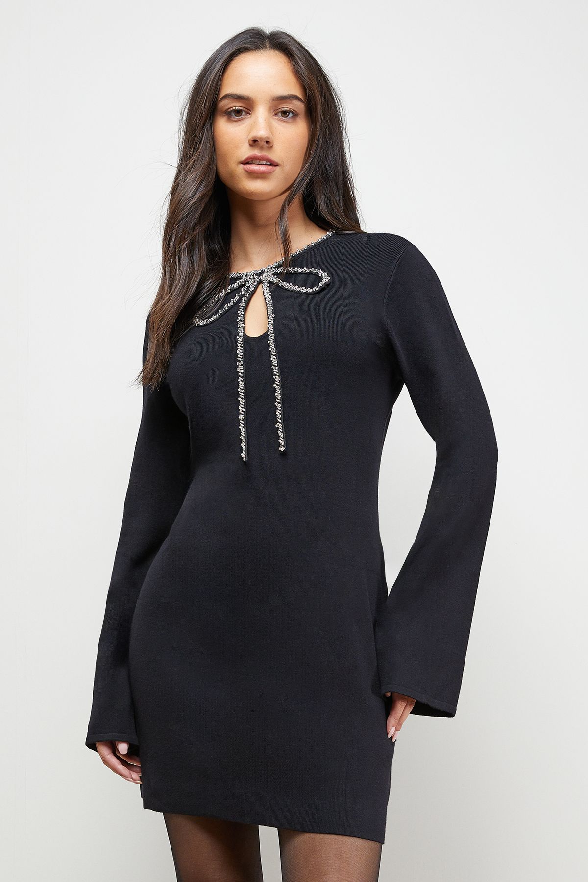 Oasis Embellished Bow Knitted Dress Black image 4