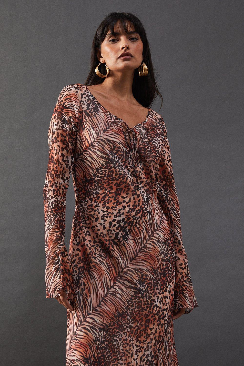 Warehouse Chiffon Tie Keyhole Front Bias Midi Dress Animal image 4