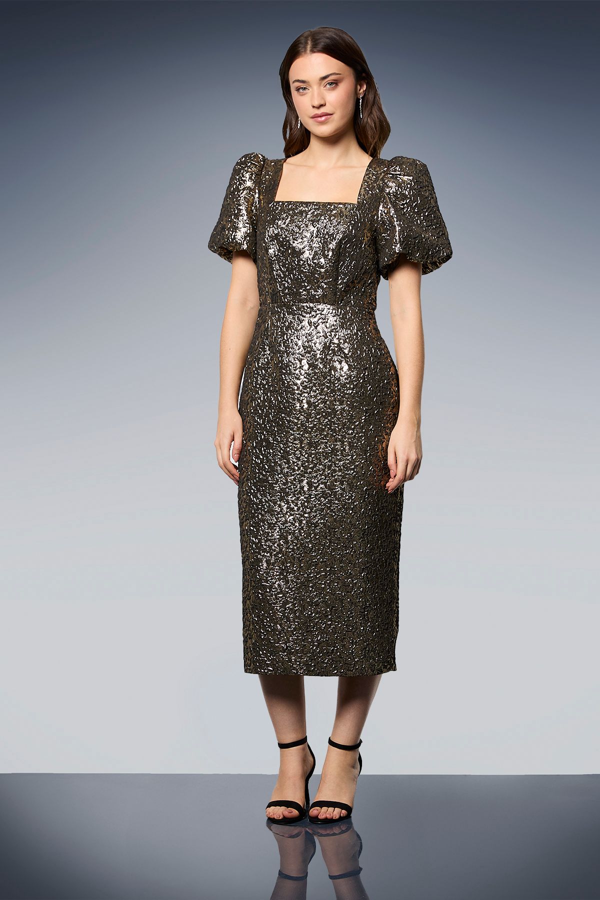 Dorothy Perkins DP Luxe Metallic Jacquard Puff Sleeve Midi Dress Gold image 1