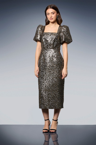 Dorothy Perkins DP Luxe Metallic Jacquard Puff Sleeve Midi Dress Gold