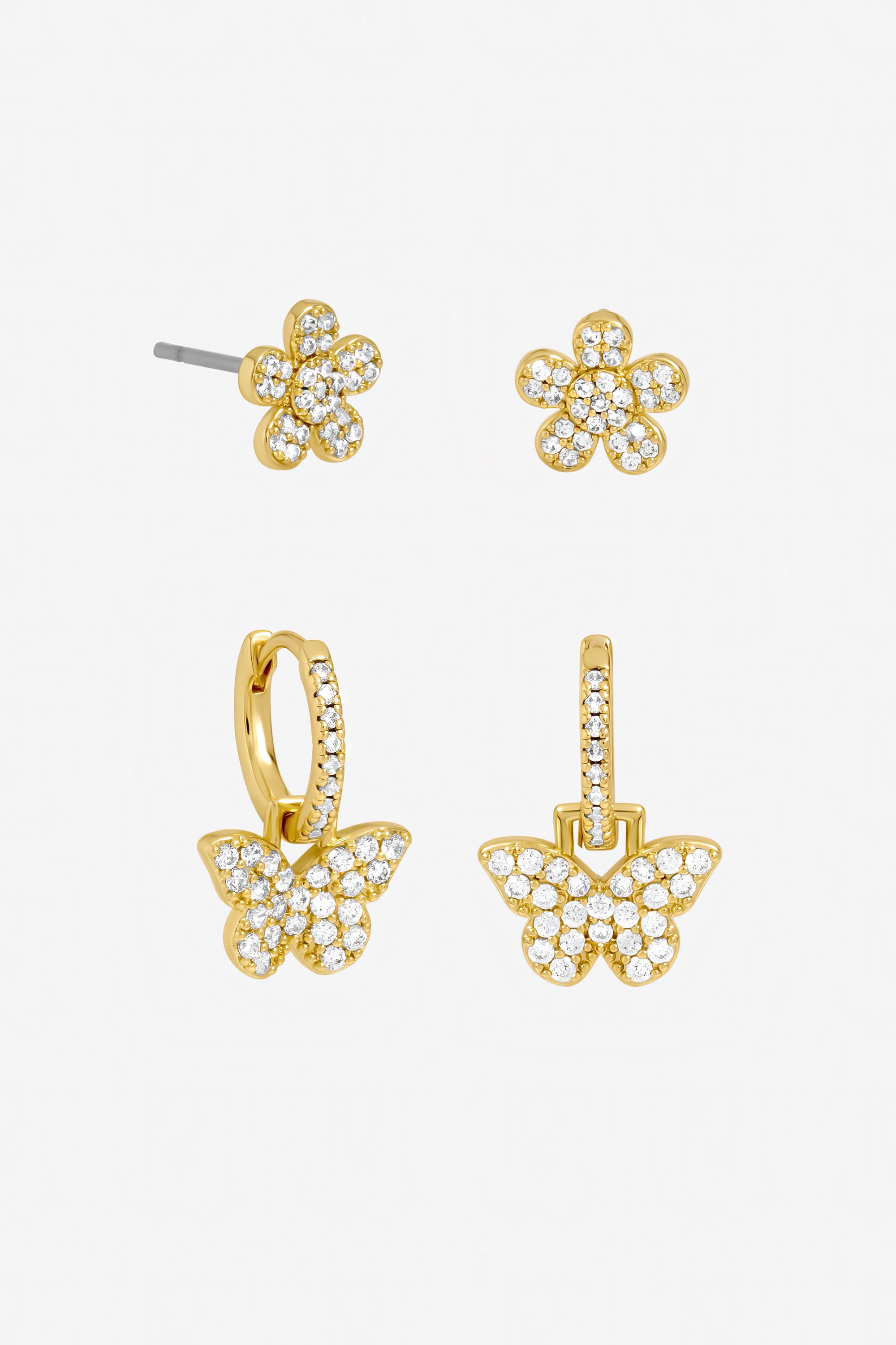 Jon Richard Gold Plated Butterfly and Flower Earrings - Pack of 2
