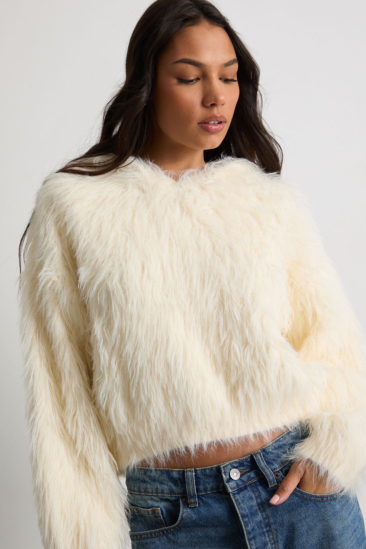 Warehouse Soft Touch Fluffy Hooded Jumper Butter image 2