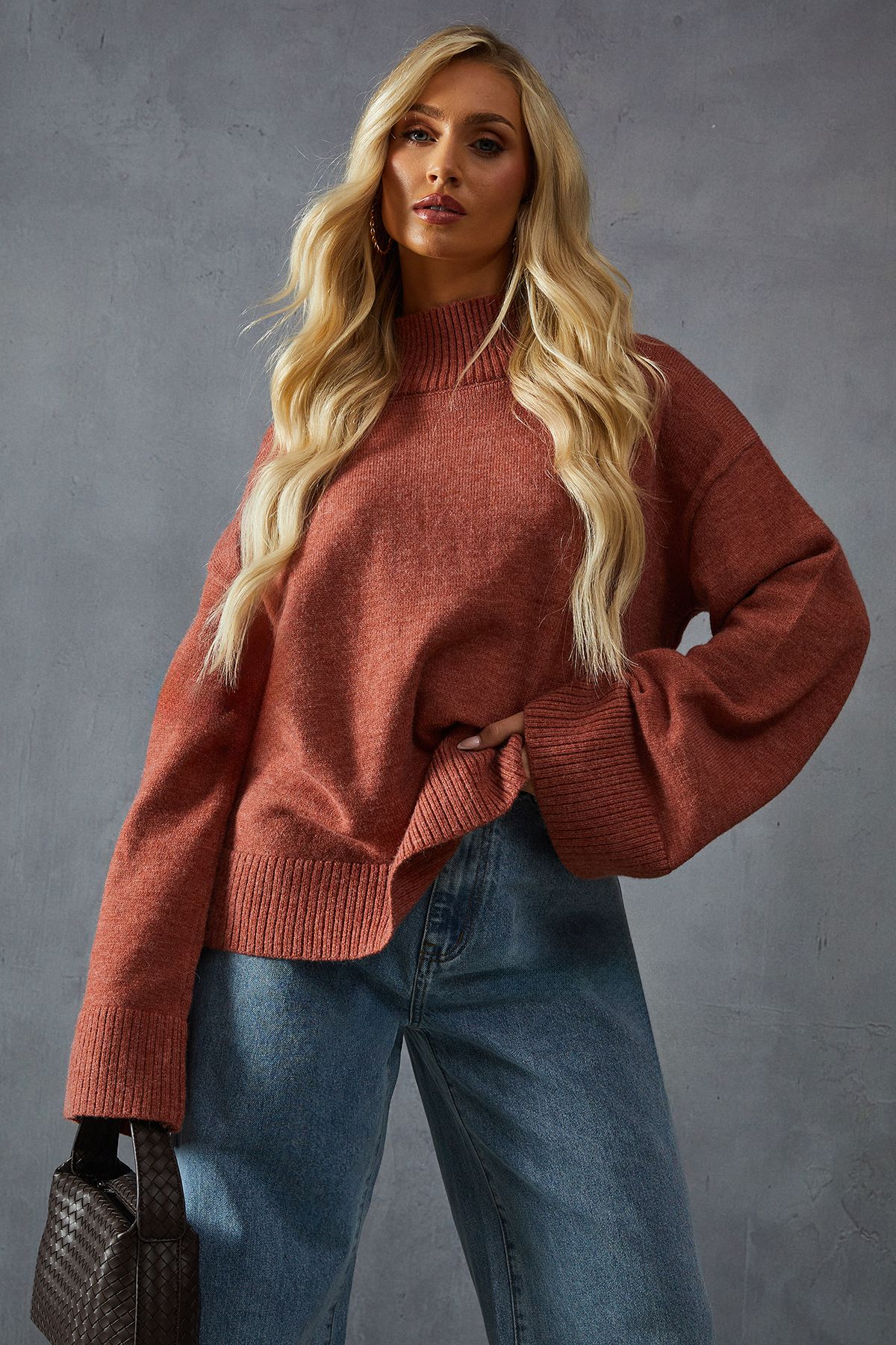 MissPap Knitted High Neck Wide Sleeve Jumper Rust image 1