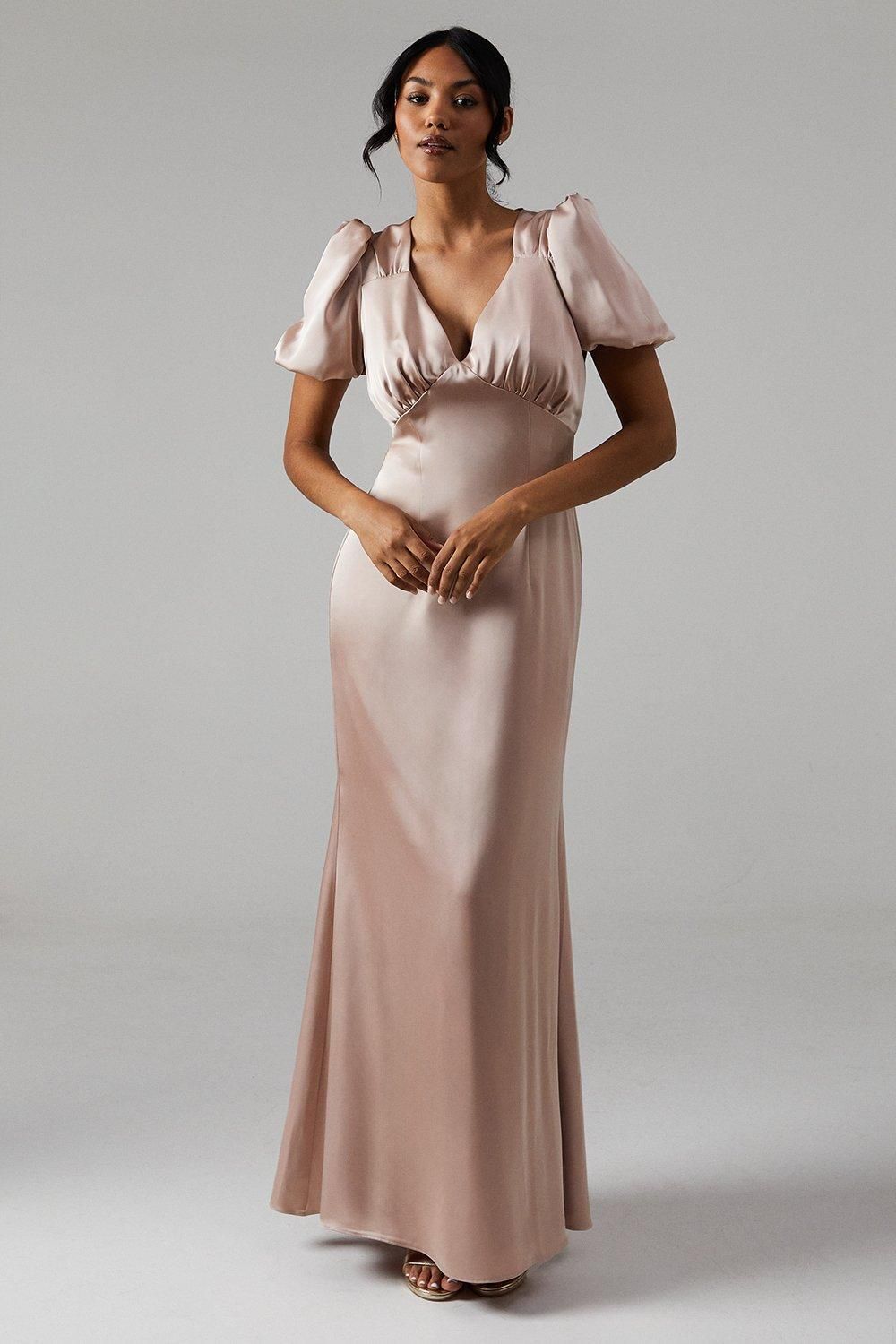 Coast Sweetheart Neckline Puff Sleeve Satin Bridesmaid Maxi Dress Mocha