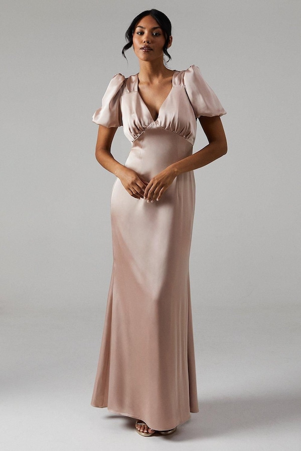 Coast Sweetheart Neckline Puff Sleeve Satin Bridesmaid Maxi Dress Mocha