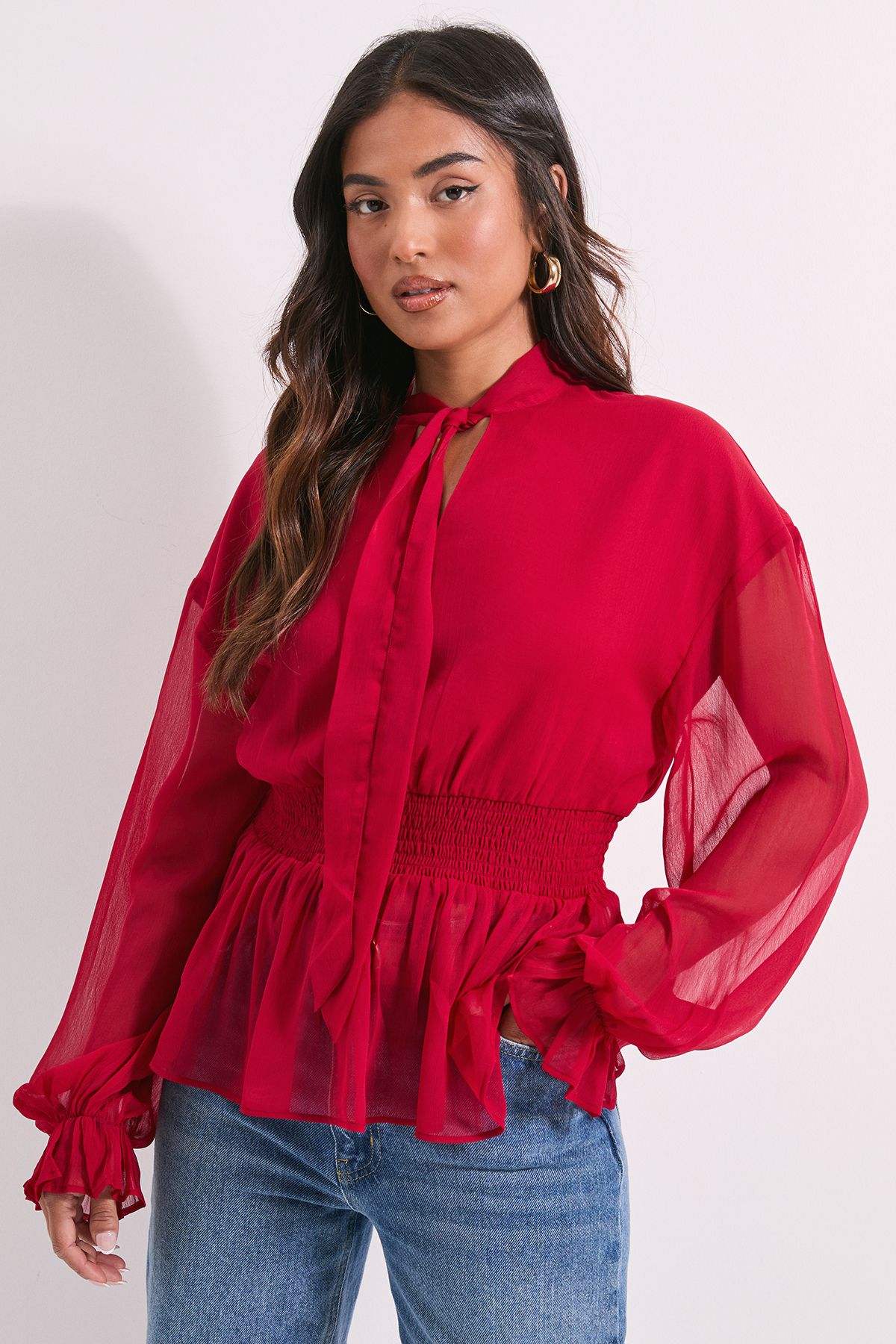 Dorothy Perkins Petite Tie Neck Shirred Waist Boho Blouse Red image 1