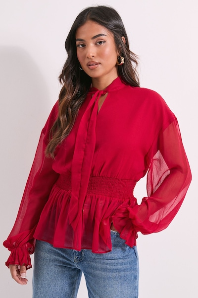 Dorothy Perkins Petite Tie Neck Shirred Waist Boho Blouse Red