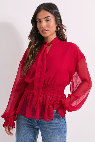 Dorothy Perkins Petite Tie Neck Shirred Waist Boho Blouse Red