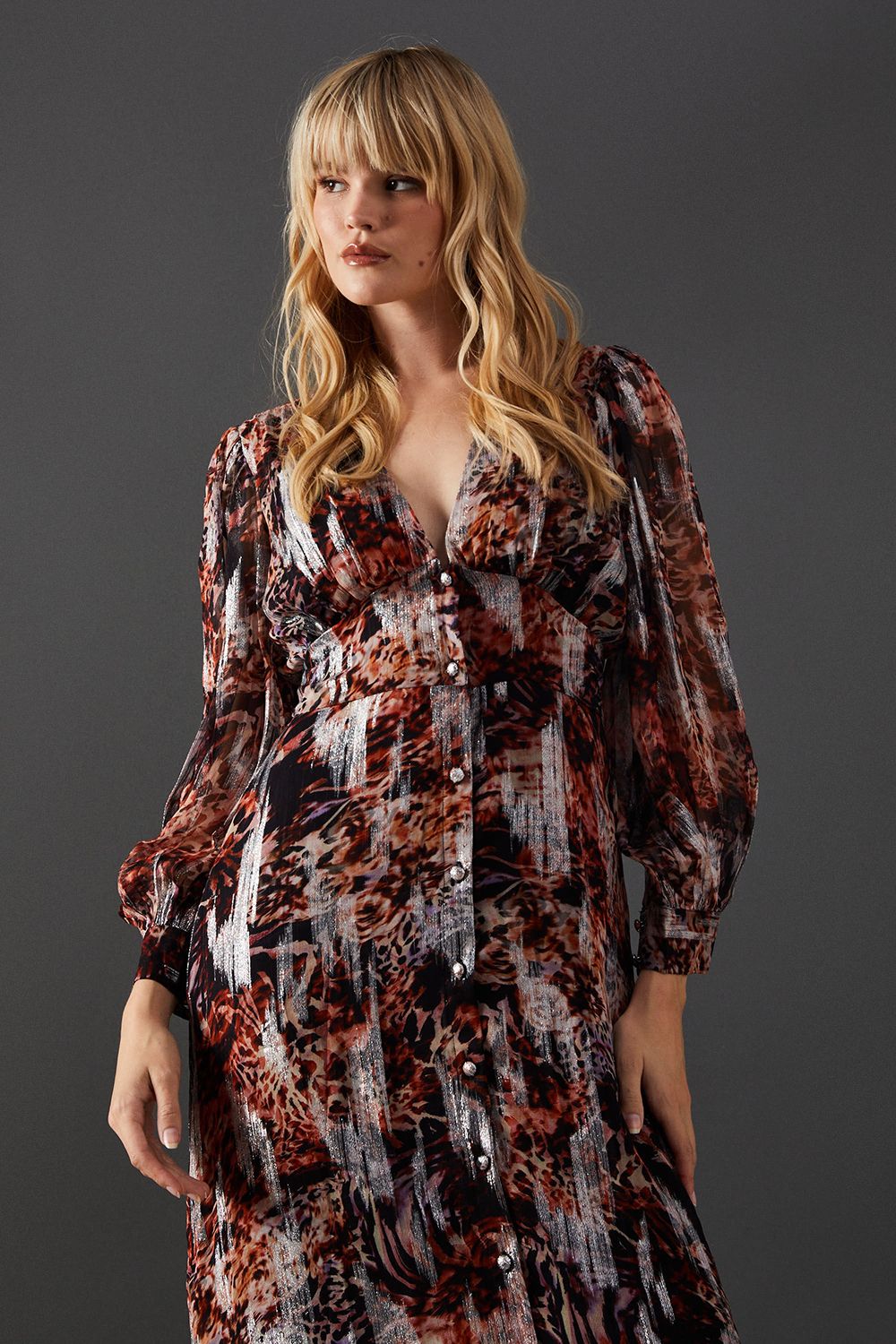 Warehouse Metallic Jacquard Plunge Neck Button Through Midi Dress Animal image 2