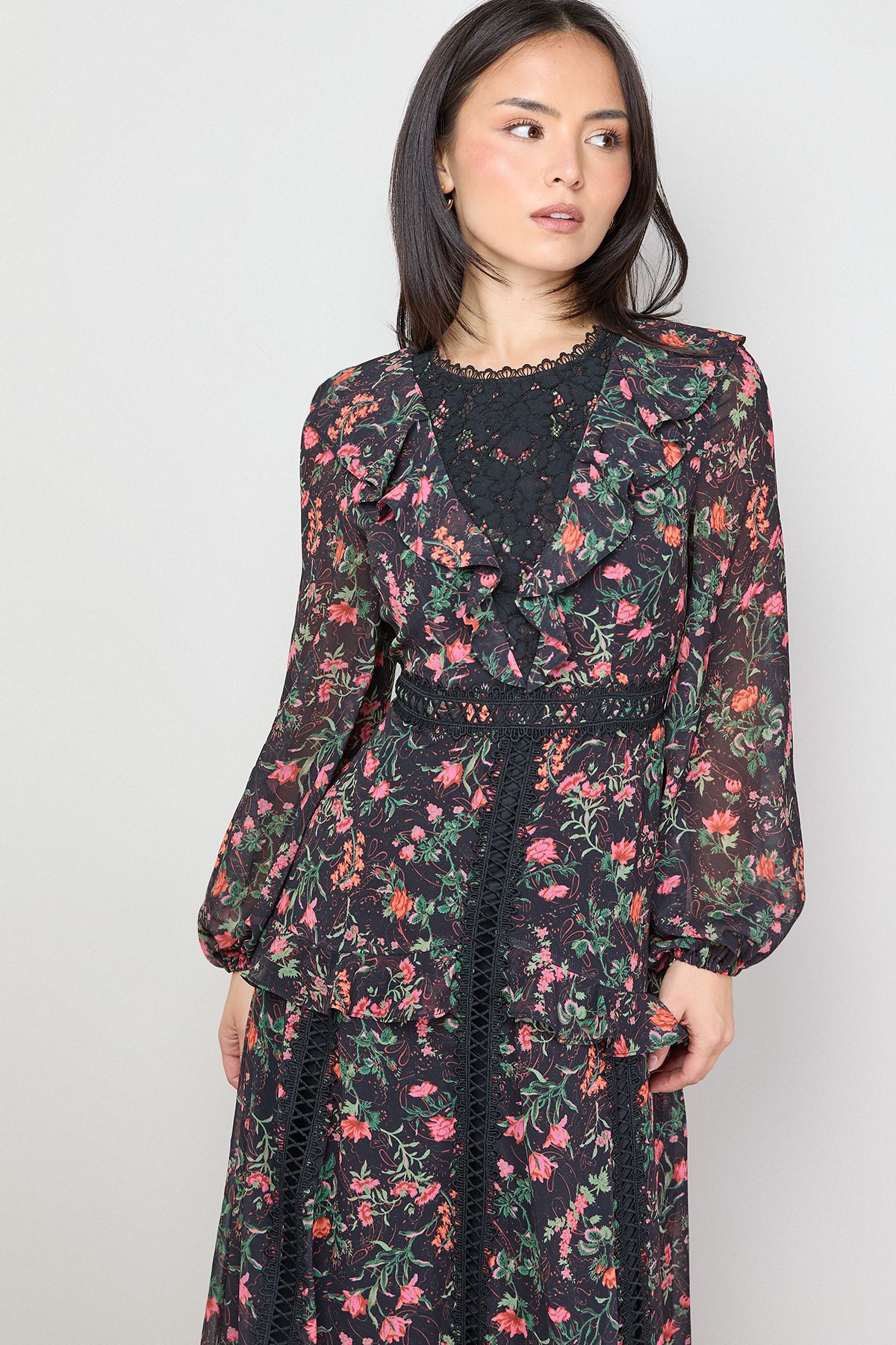 Oasis Petite Chiffon Printed Lace Trim Detail Ruffle Midi Dress Black image 2