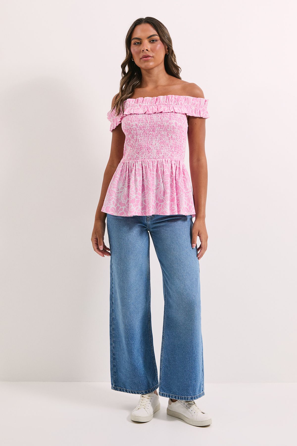 Dorothy Perkins Pink Floral Shirred Bodice Bardot Peplum Top Pink image 1