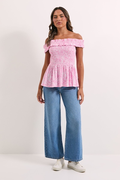 Dorothy Perkins Pink Floral Shirred Bodice Bardot Peplum Top Pink