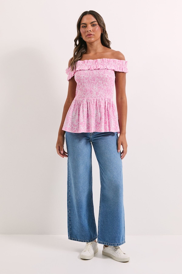 Dorothy Perkins Pink Floral Shirred Bodice Bardot Peplum Top Pink