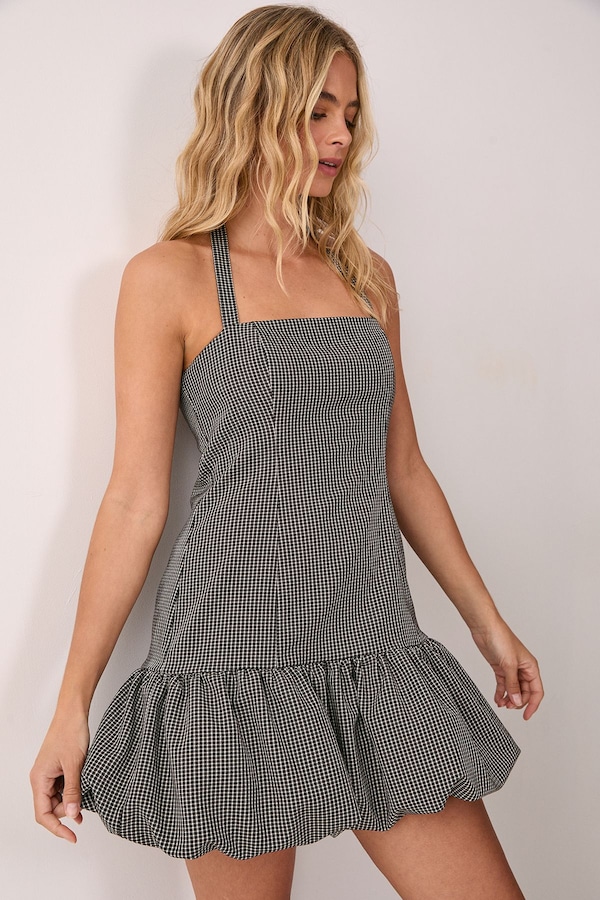 NastyGal Premium Gingham Structured Puffball Bandeau Mini Dress Mono