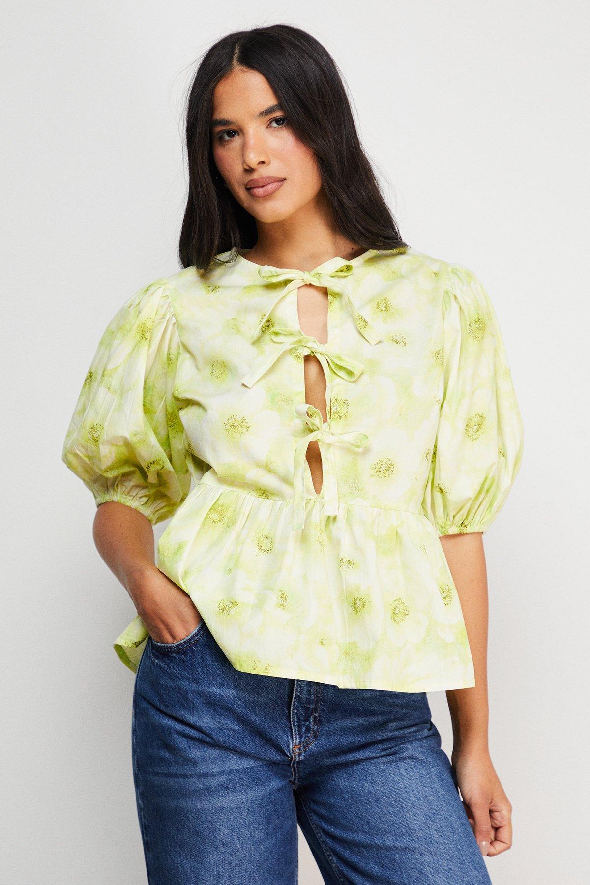 Warehouse Print Poplin Tie Front Volume Sleeve Blouse Lime image 4