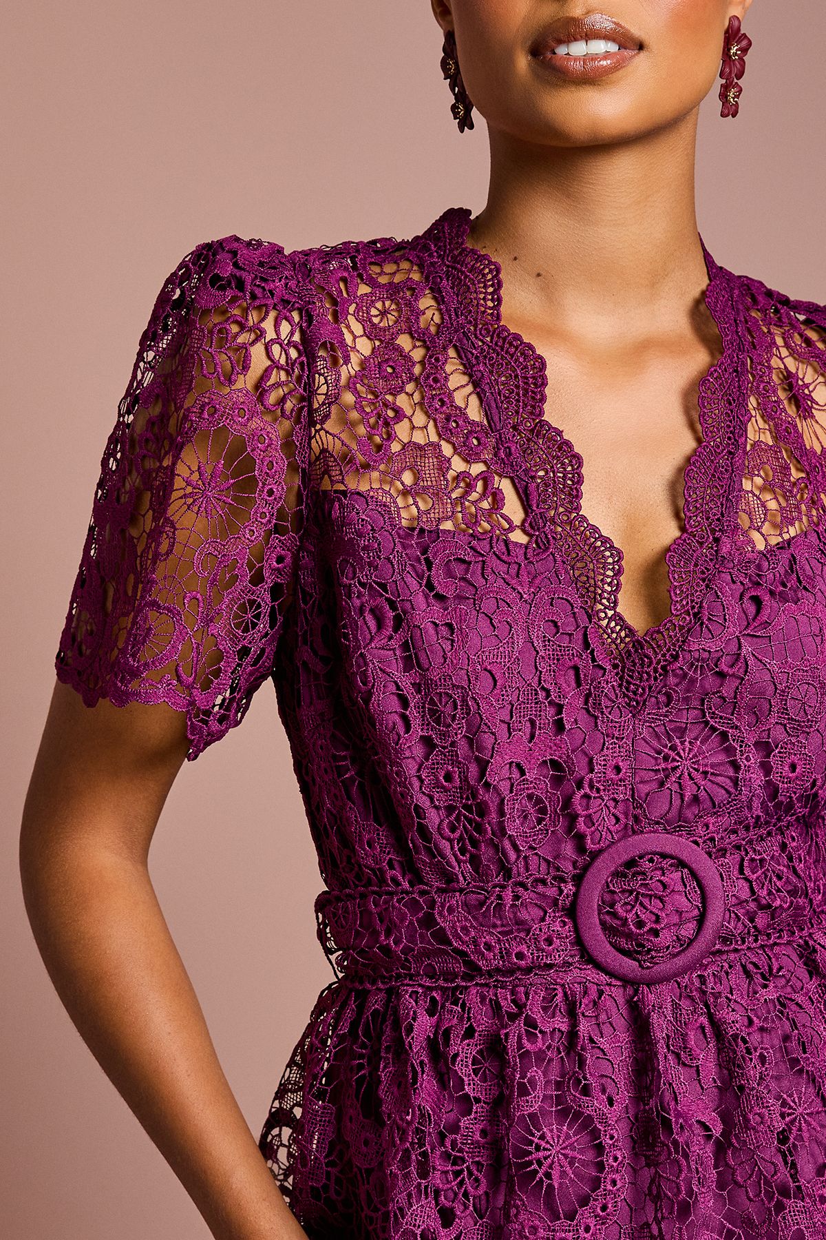 Coast Petite Short Sleeve V Neck Tiered Lace Midi Dress Plum image 5