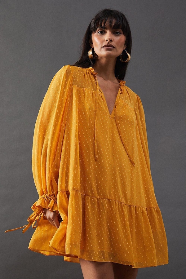 Warehouse Dobby Chiffon Tie Neck Drop Hem Mini Smock Dress Yellow