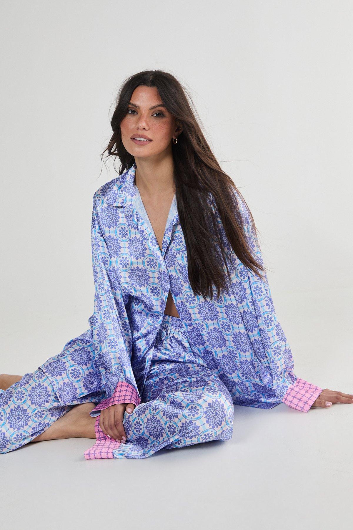 Nasty Gal Printed Satin Pajama Set Dot Nights Satin 3-Pc Pajama