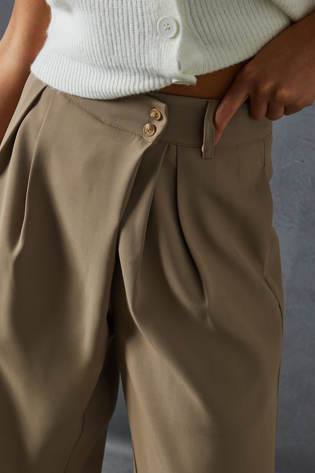 MissPap Wide Leg Asymmetric Waistband Trousers Stone image 5