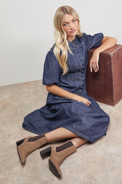 Oasis Moss Suede Chelsea High Block Heel Ankle Boots Taupe