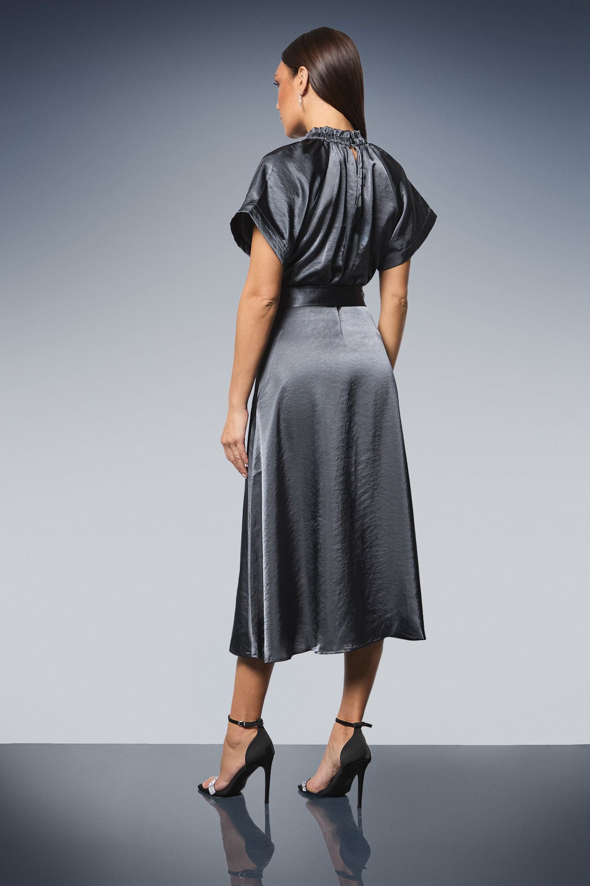 Principles Gathered Neck Flared Skirt Satin Midi Dress Slate image 3