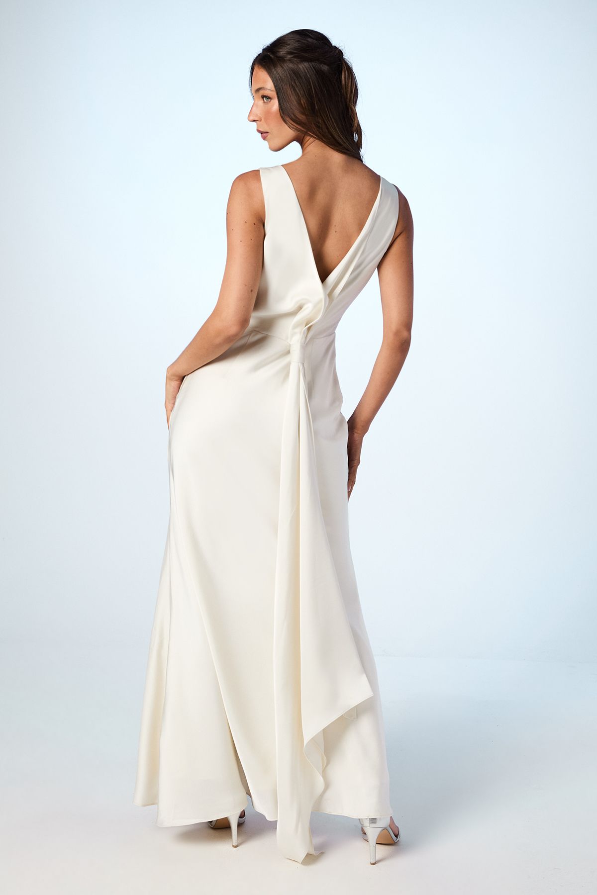 Coast Satin V Back Maxi Bridesmaid Dress with Back Sash Detail Ivory image 3