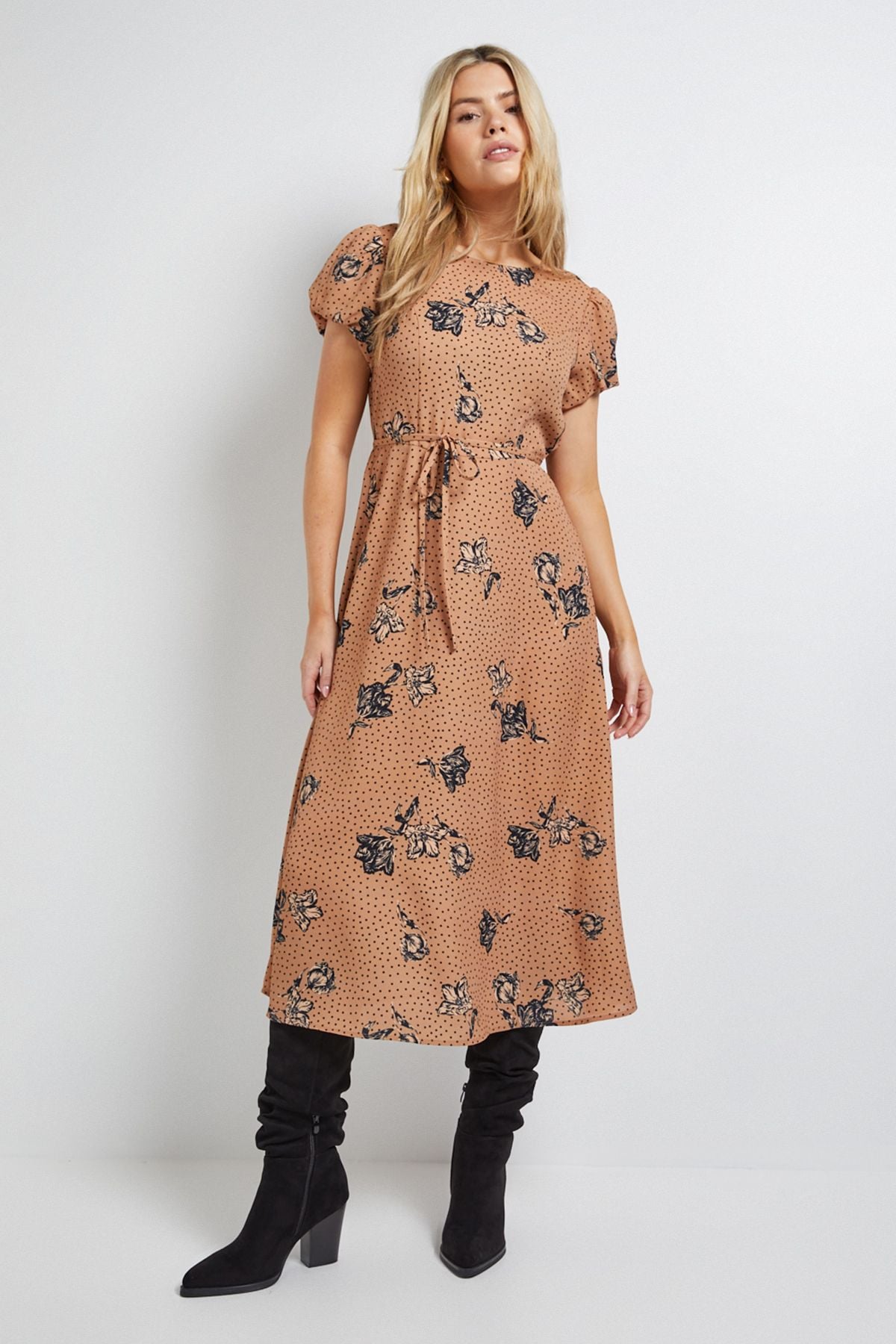 Dorothy Perkins Stone Floral Tie Back Detail Puff Sleeve Midi Dress Stone image 2